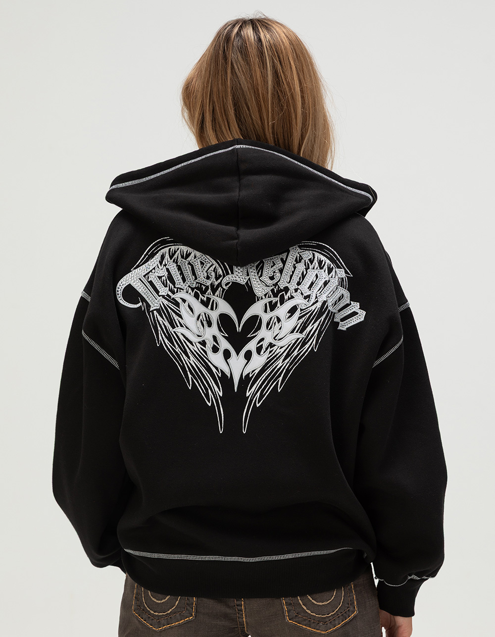 TRUE RELIGION Winged Heart Applique Womens Zip-Up Boyfriend Hoodie