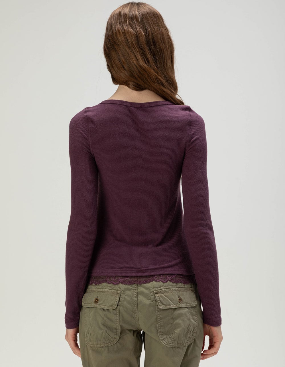 BDG Urban Outfitters Lace Insert Womens Long Sleeve Henley Top - WINE