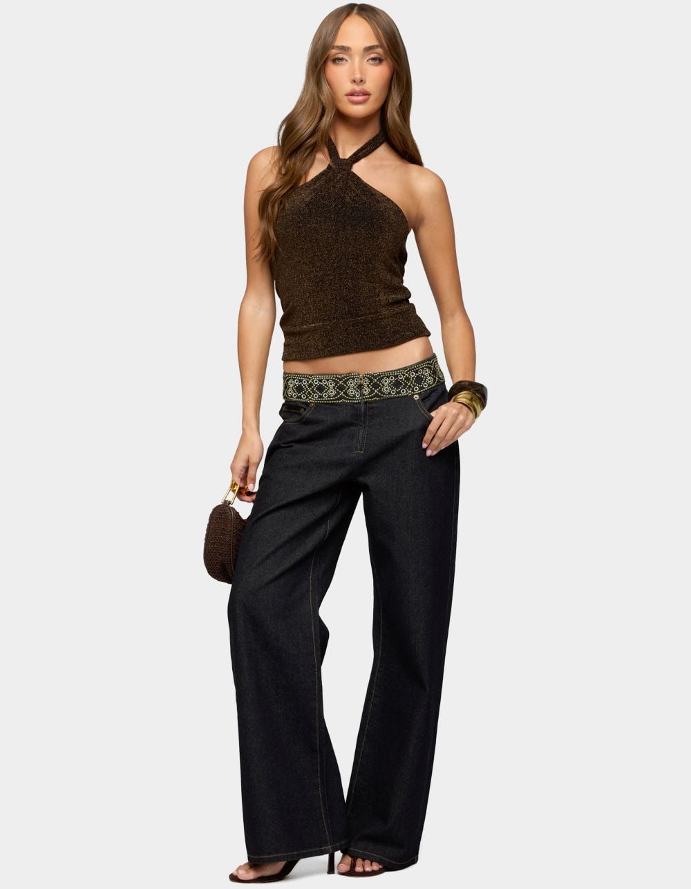 EDIKTED Katalya Glitter Halter Top - BROWN