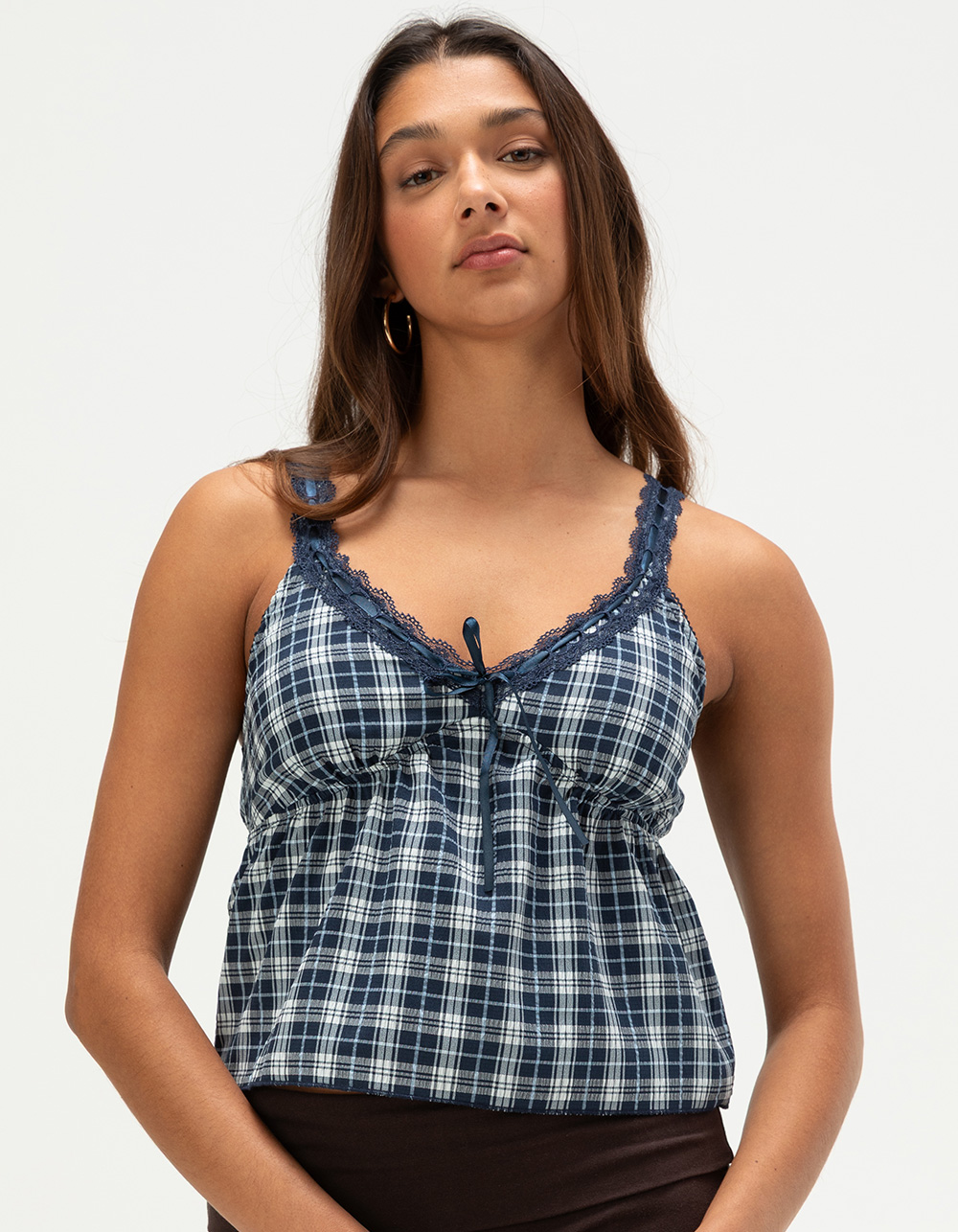 MADDEN GIRL Womens Plaid Babydoll Top - NAVY COMBO