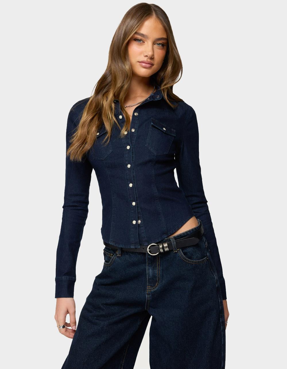 EDIKTED Shylo Stretchy Denim Button Up Shirt - DARK BLUE