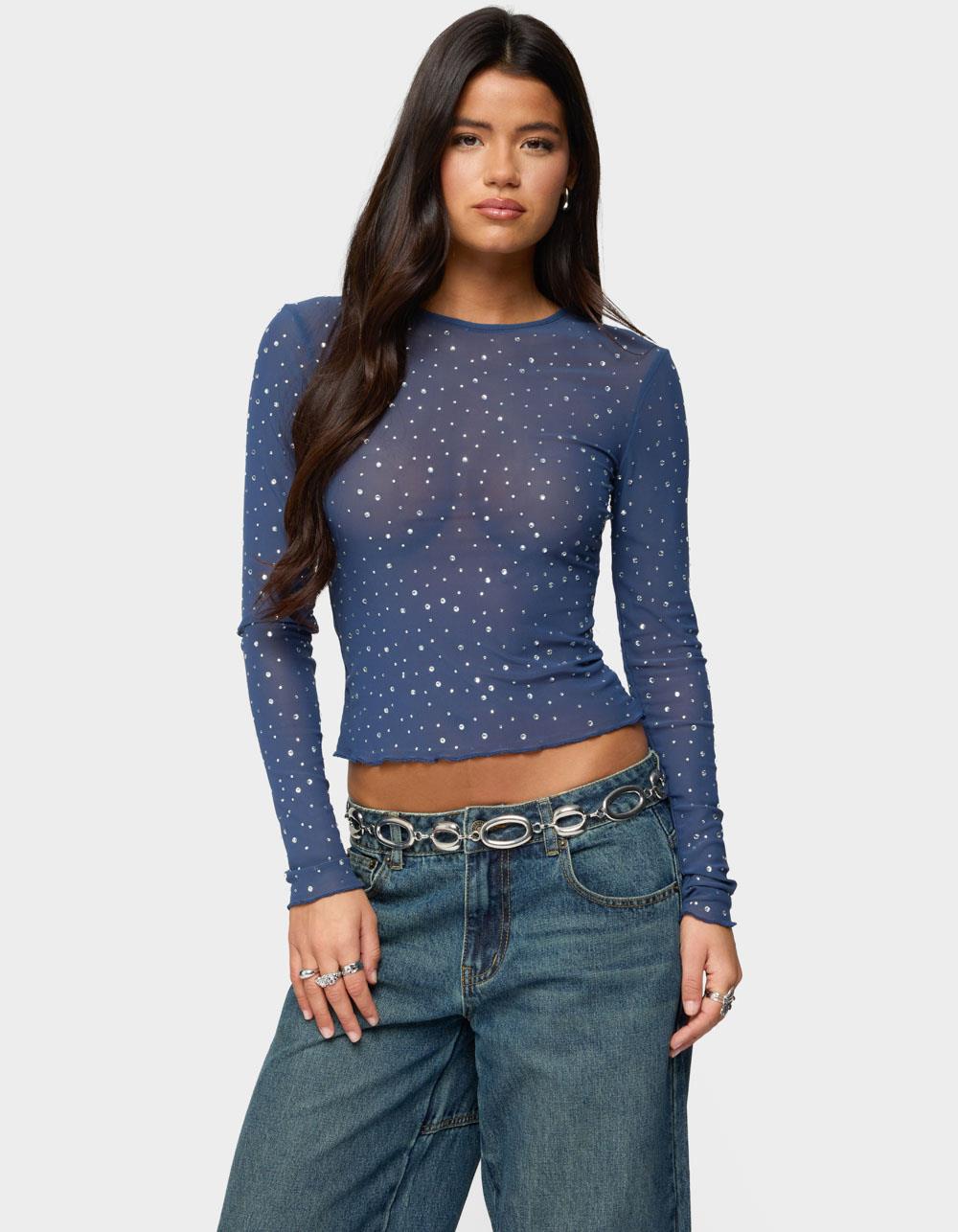 EDIKTED Anari Rhinestone Mesh Top - BLUE