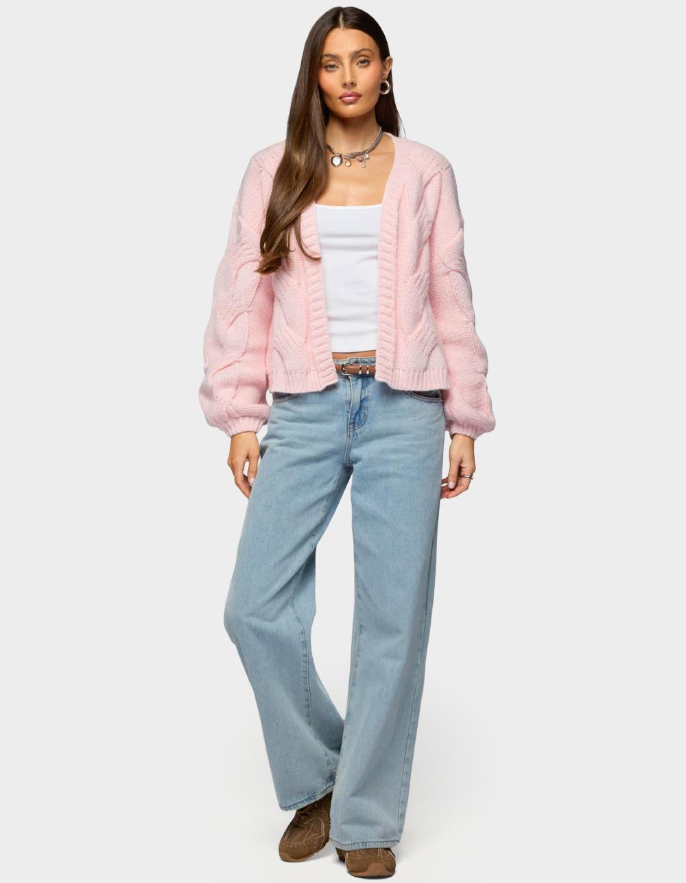 EDIKTED Braiden Chunky Cable Knit Cardigan - PINK