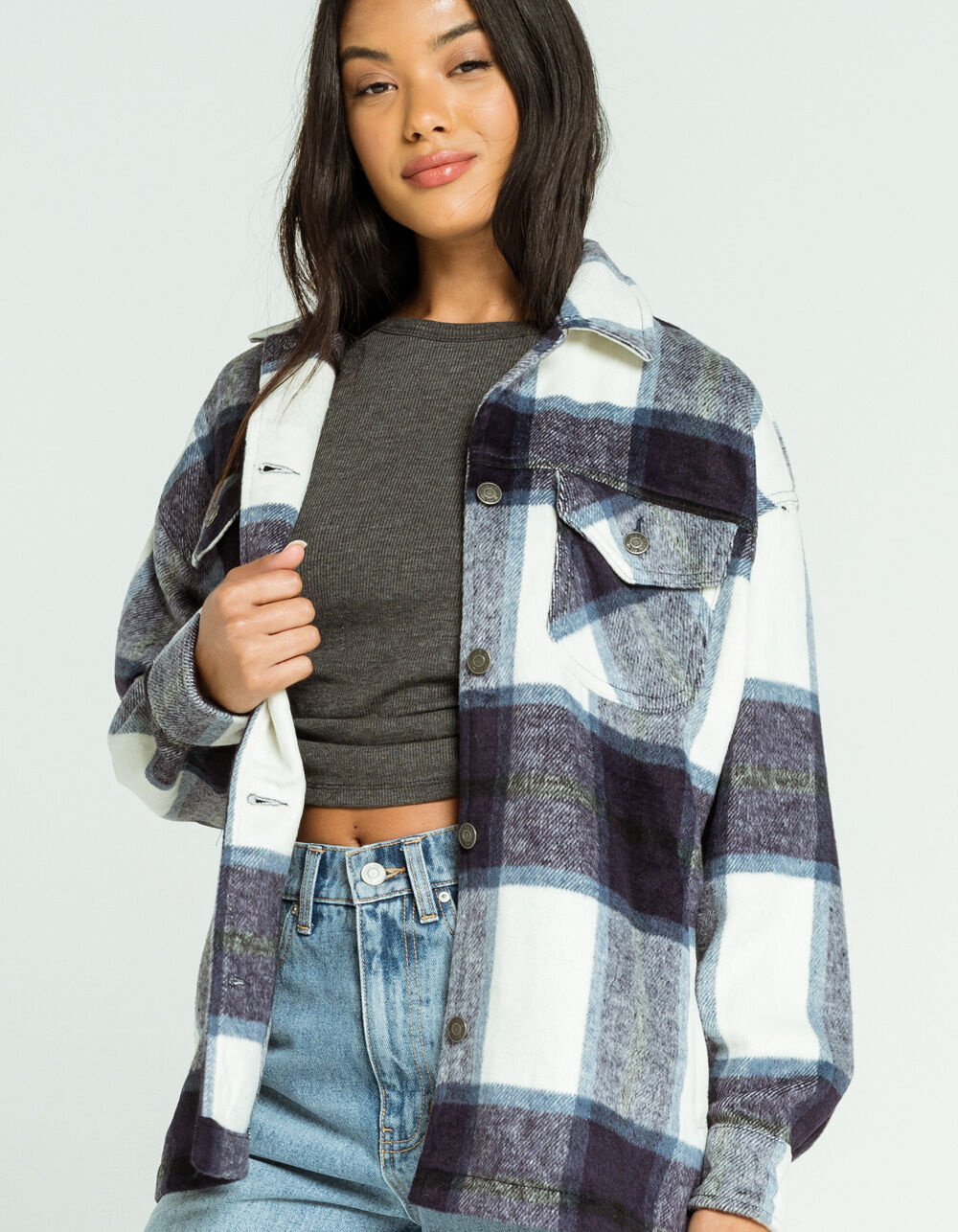 RSQ Plaid Womens Navy Shacket - BLUE COMBO | Tillys