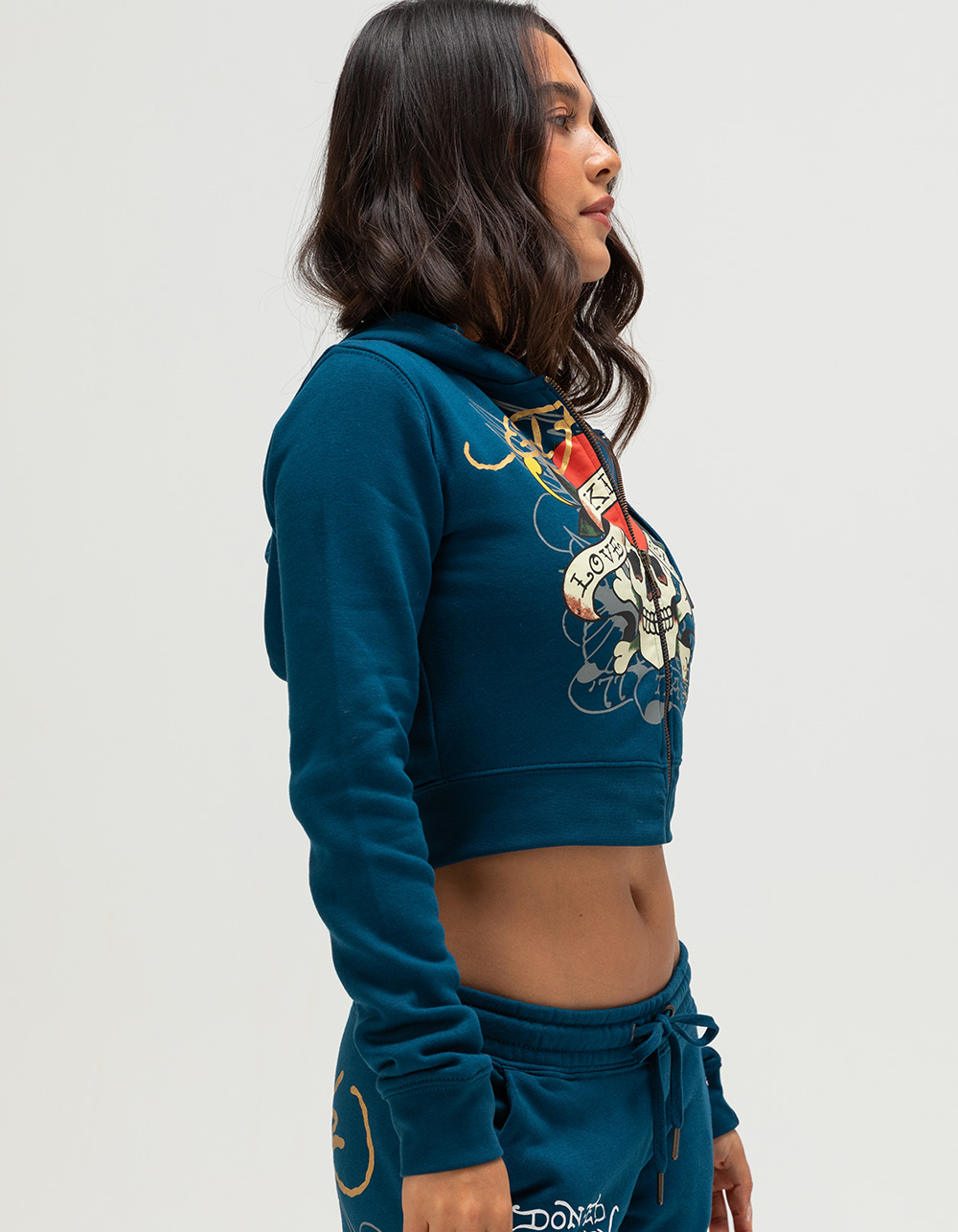 ED HARDY Love Kills Slow Skull Womens Zip-Up Hoodie - NAVY