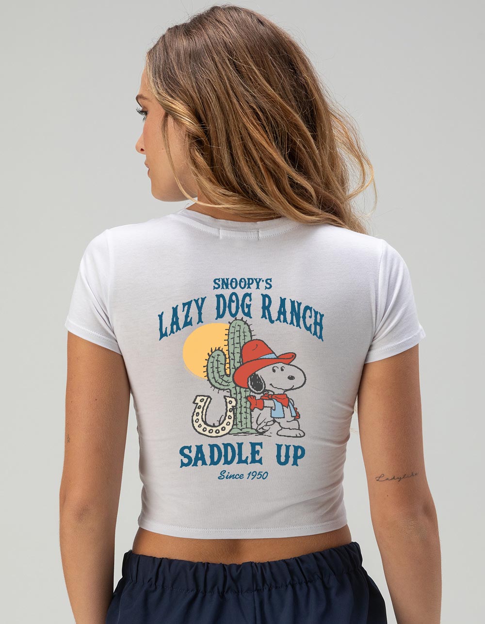 PEANUTS Snoopy's Lazy Dog Ranch Womens Baby Tee - WHITE