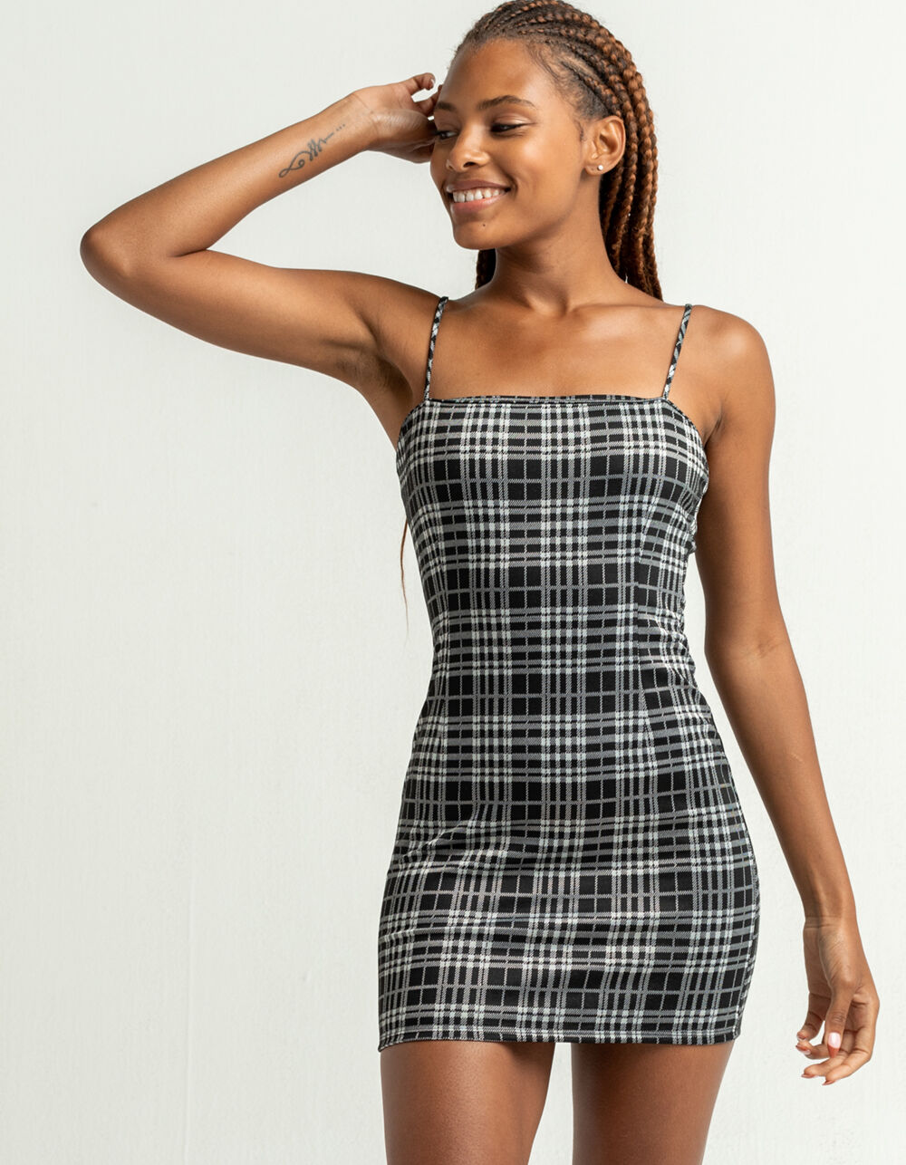 FULL TILT Plaid Knit Black & White Slip Dress BLKWH Tillys