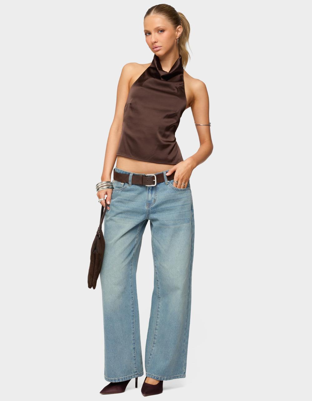 EDIKTED Satin Effect Backless Cowl Neck Top - BROWN