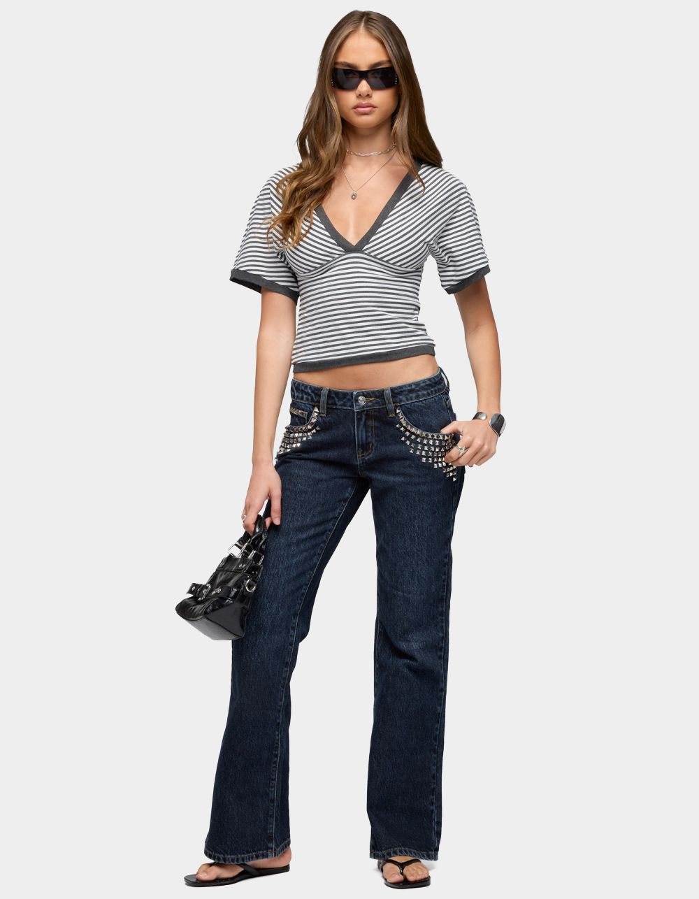 EDIKTED Tyler Studded Low Rise Bootcut Jeans - LIGHT BLUE