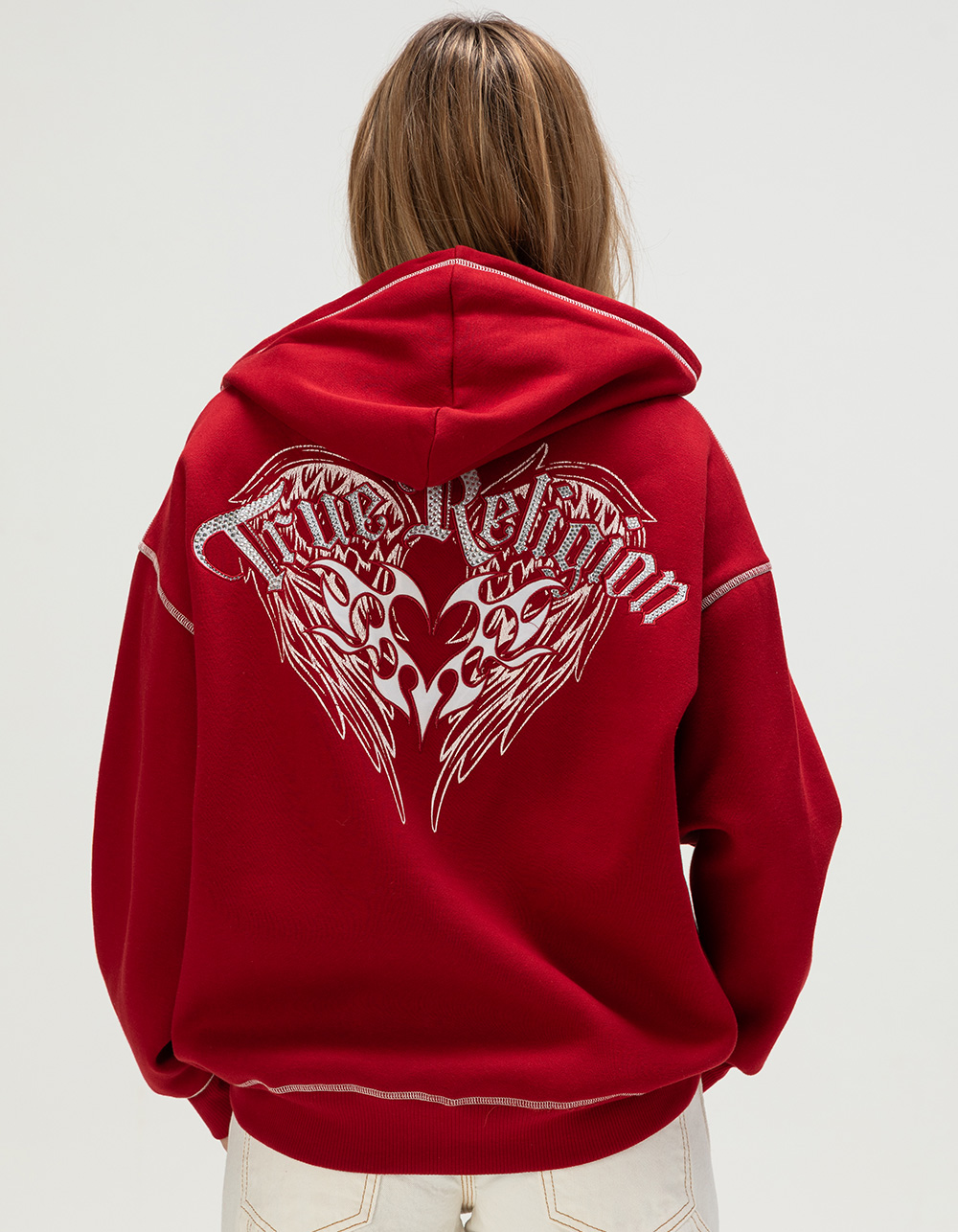 TRUE RELIGION Winged Heart Applique Womens Zip-Up Boyfriend Hoodie - RED
