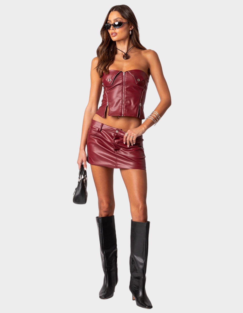 EDIKTED Maya Faux Leather Mini Skirt - DK RED