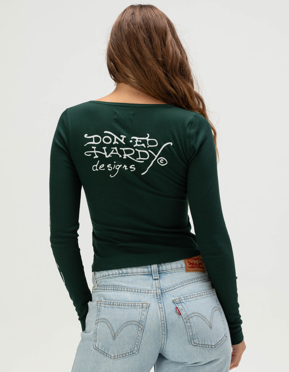 ED HARDY Tiger Panther Womens Long Sleeve Rib Tee - HUNTER