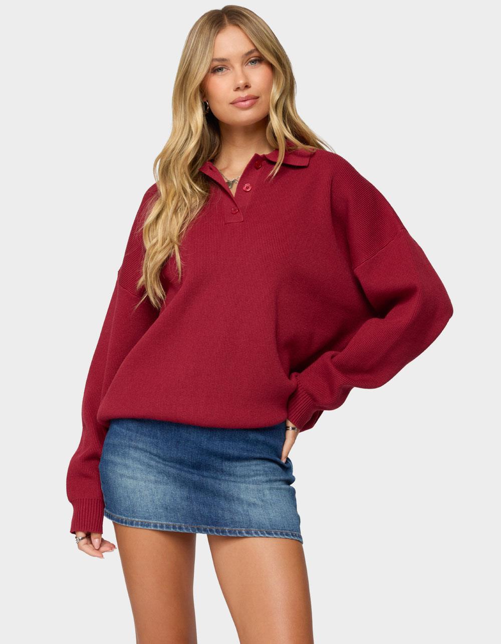 EDIKTED Lorie Oversized Knit Polo Sweater - RED