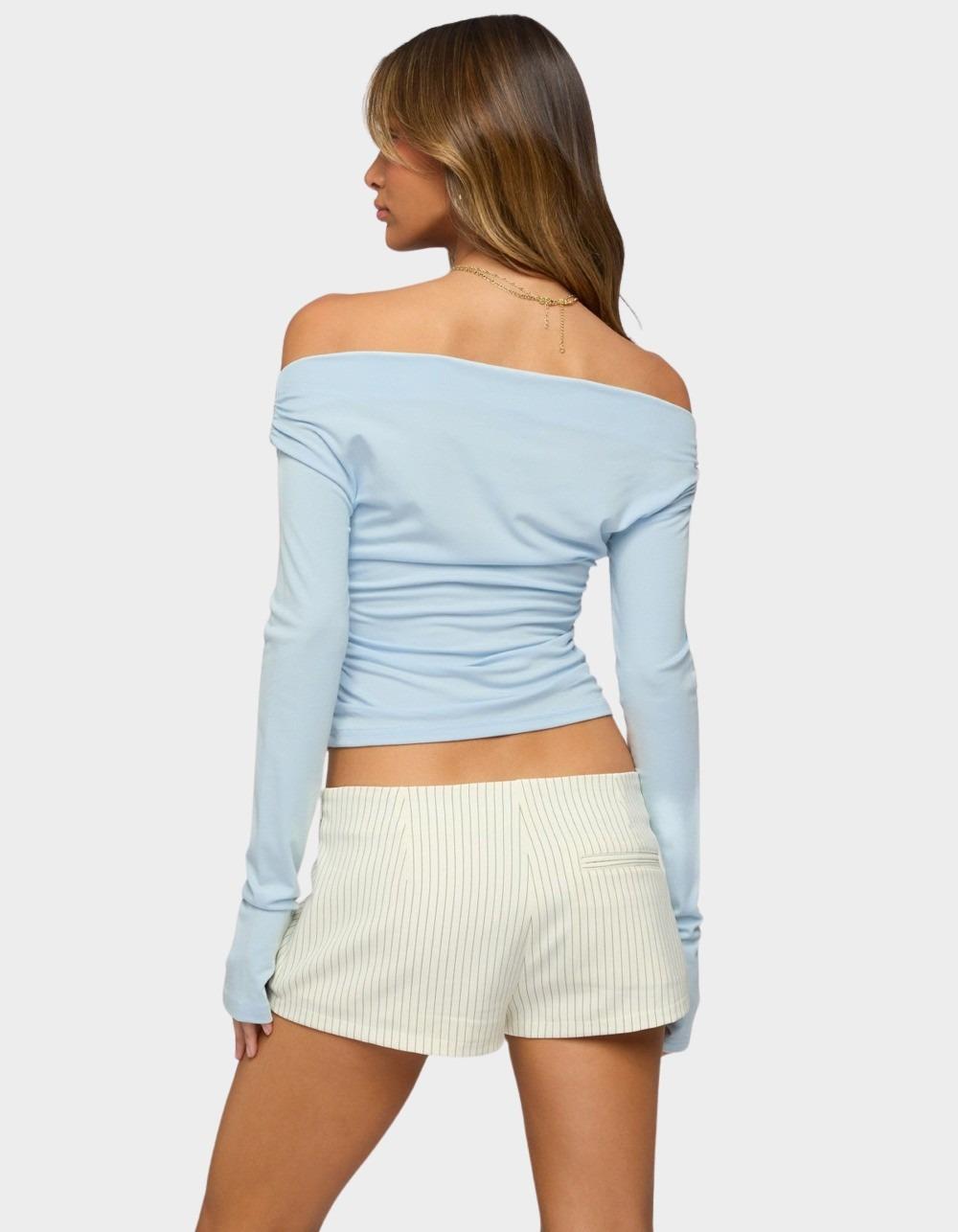 EDIKTED Milane Ruched Off Shoulder Ribbed Top - LIGHT BLUE