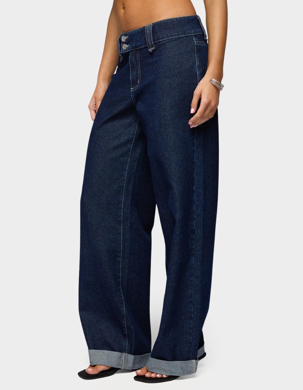 EDIKTED Cuffed Low Rise Straight Leg Jeans - DARK BLUE