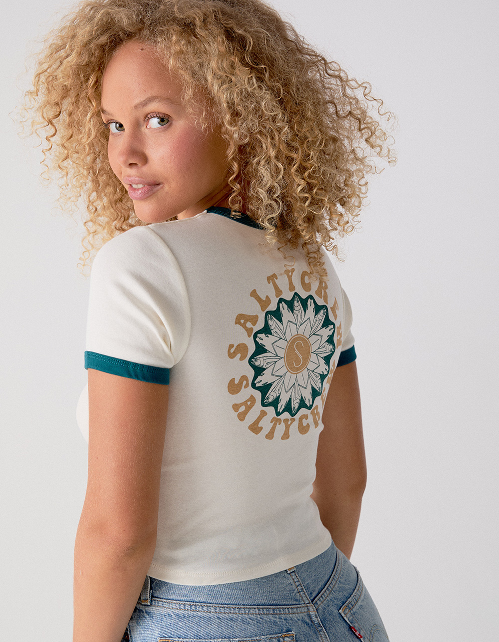 SALTY CREW Flower Power Womens Fitted Ringer Baby Tee - OFF WHITE