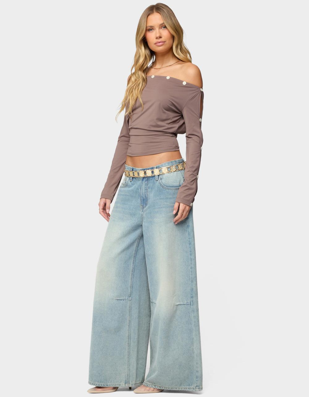 EDIKTED Ronee Off Shoulder Button Cutout Top - BROWN