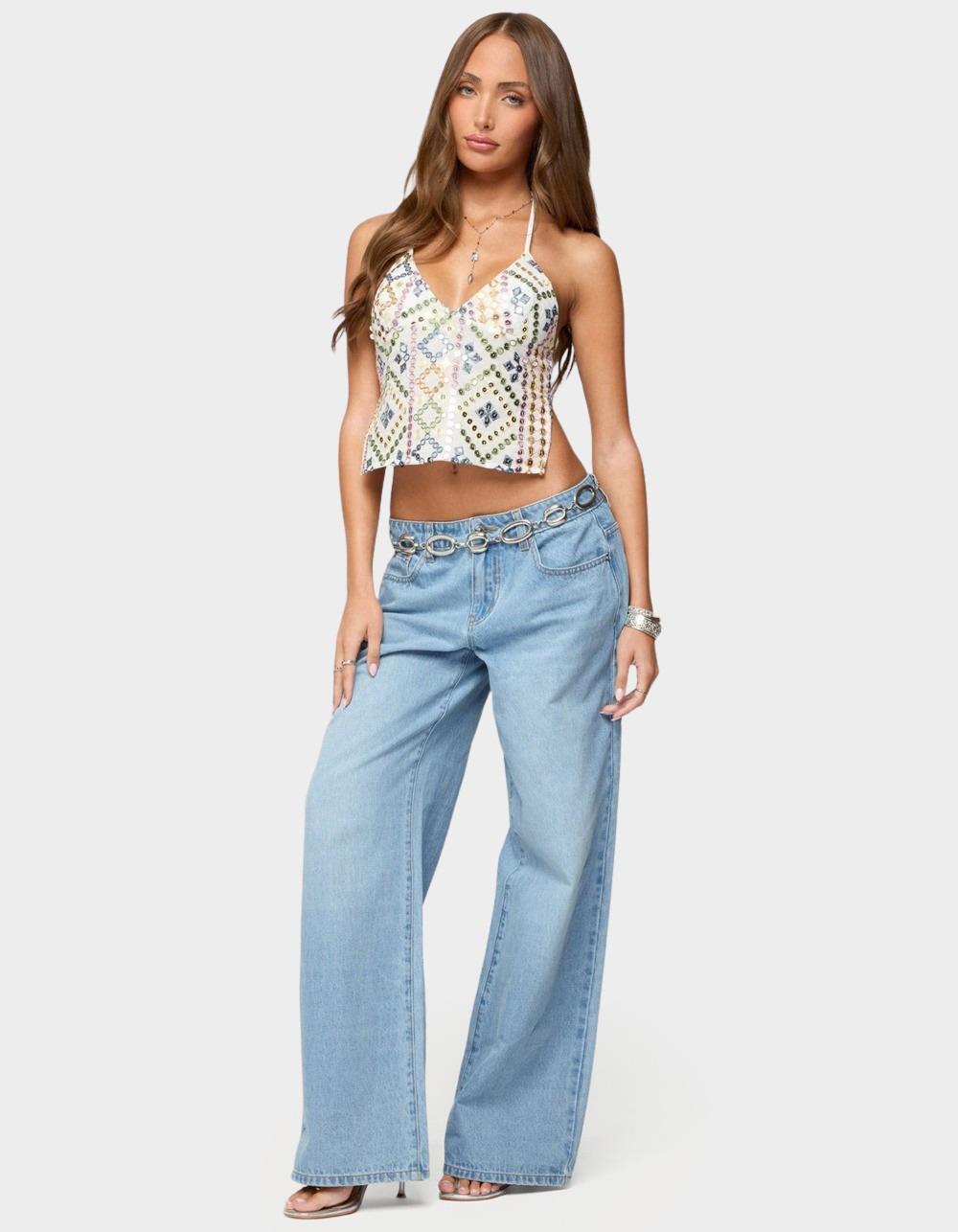 EDIKTED Mirra Embroidered Flower Low Rise Jeans - BLUE