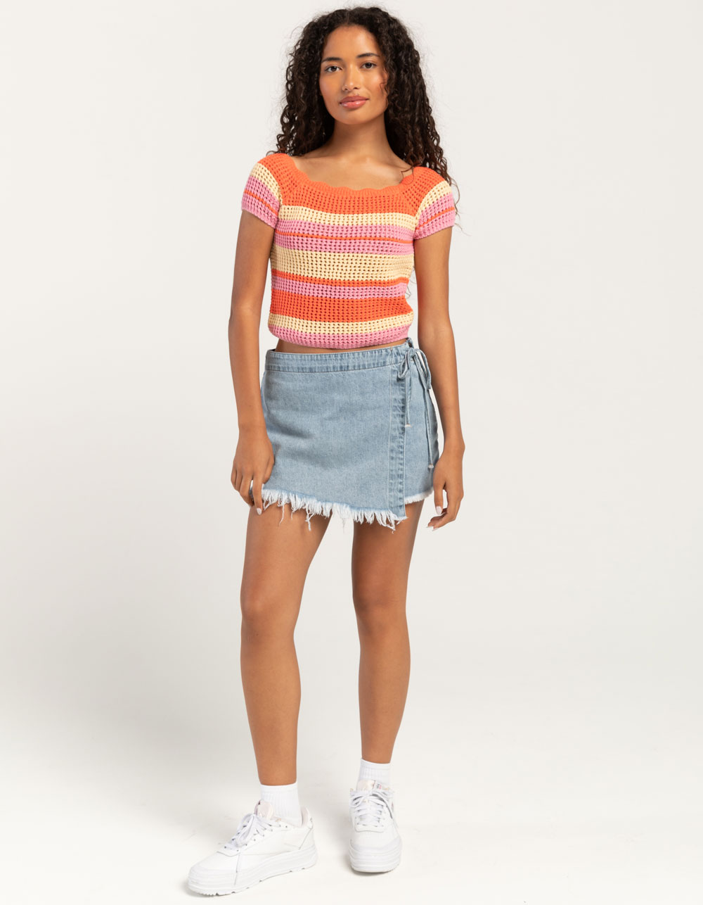 FULL TILT Stripe Off The Shoulder Womens Top - PINK COMBO