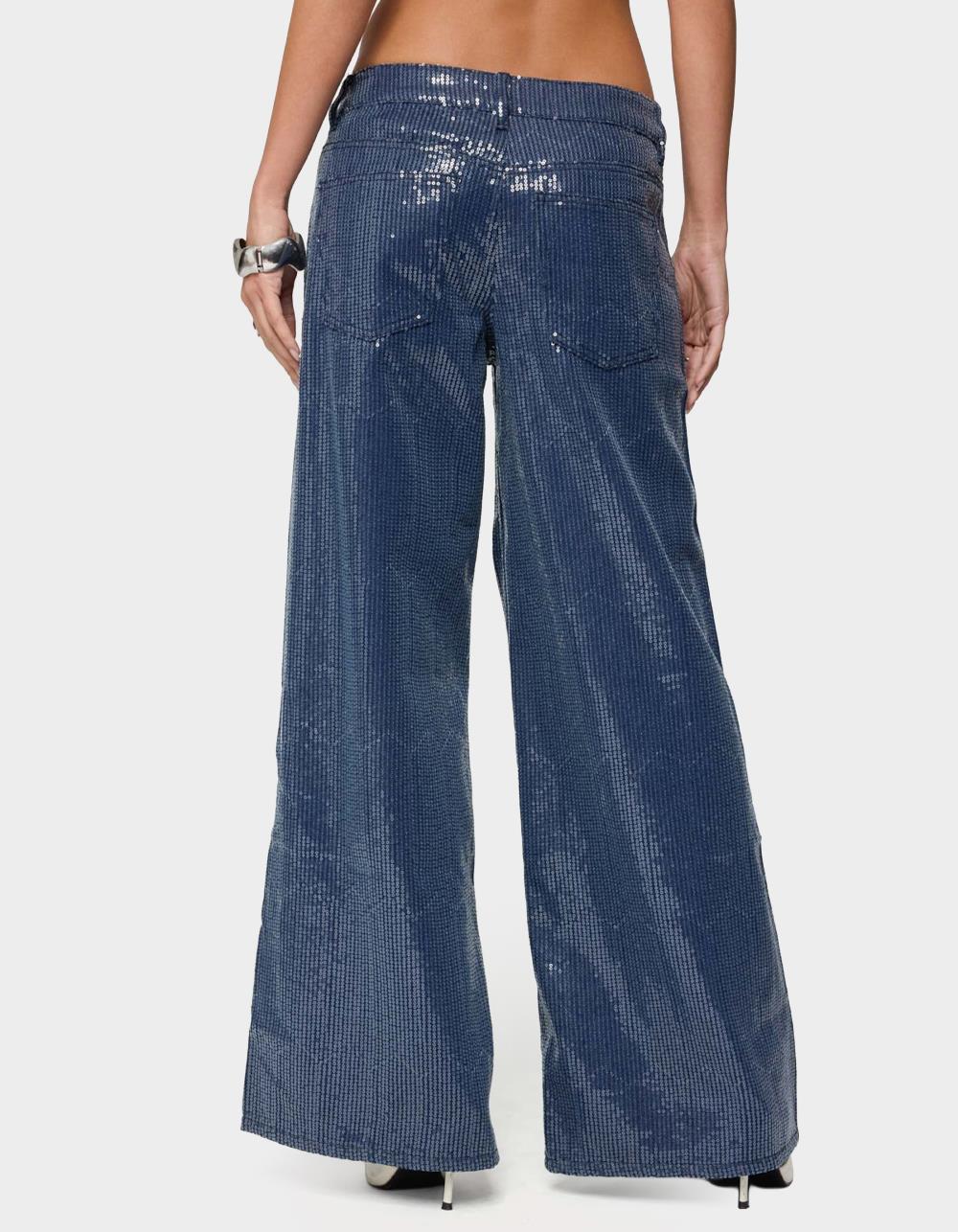 EDIKTED Mirella Sequin Low Rise Baggy Jeans - DARK BLUE
