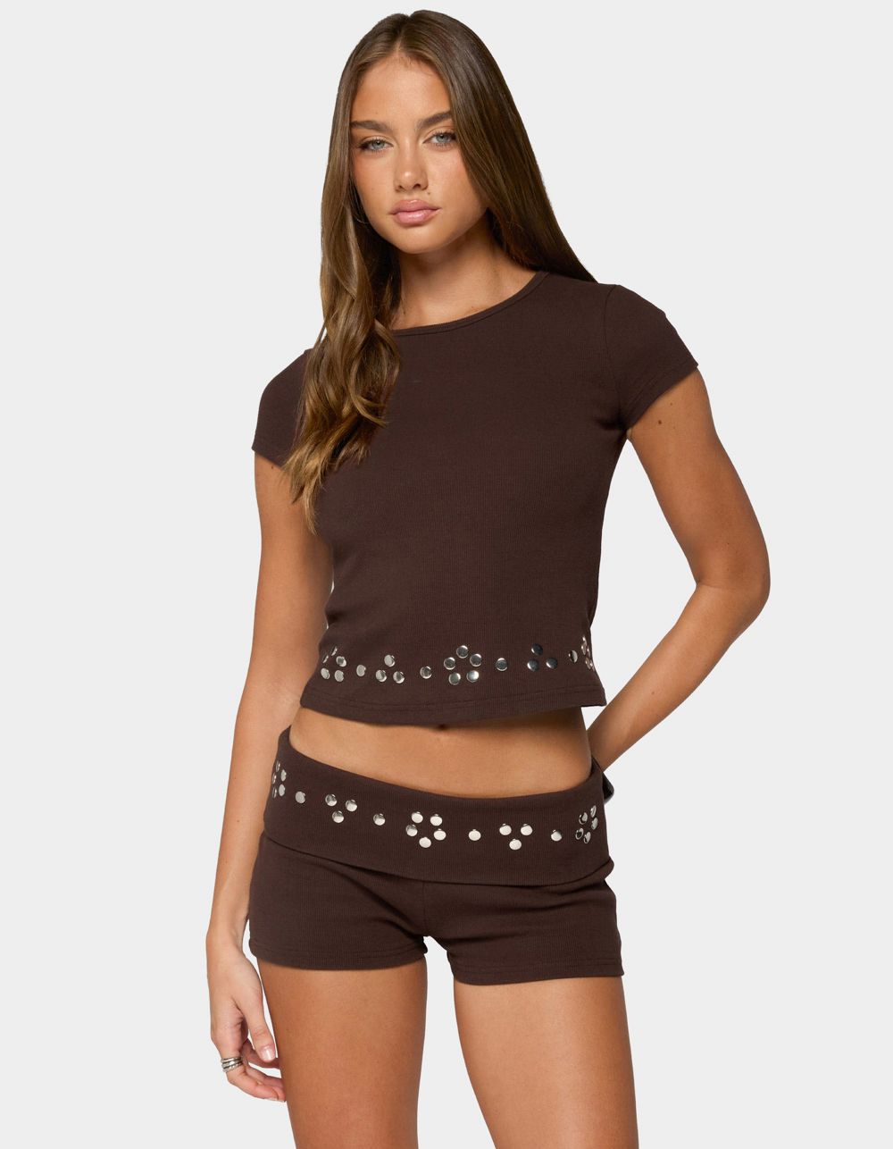 EDIKTED Fontey Studded Ribbed Top - BROWN