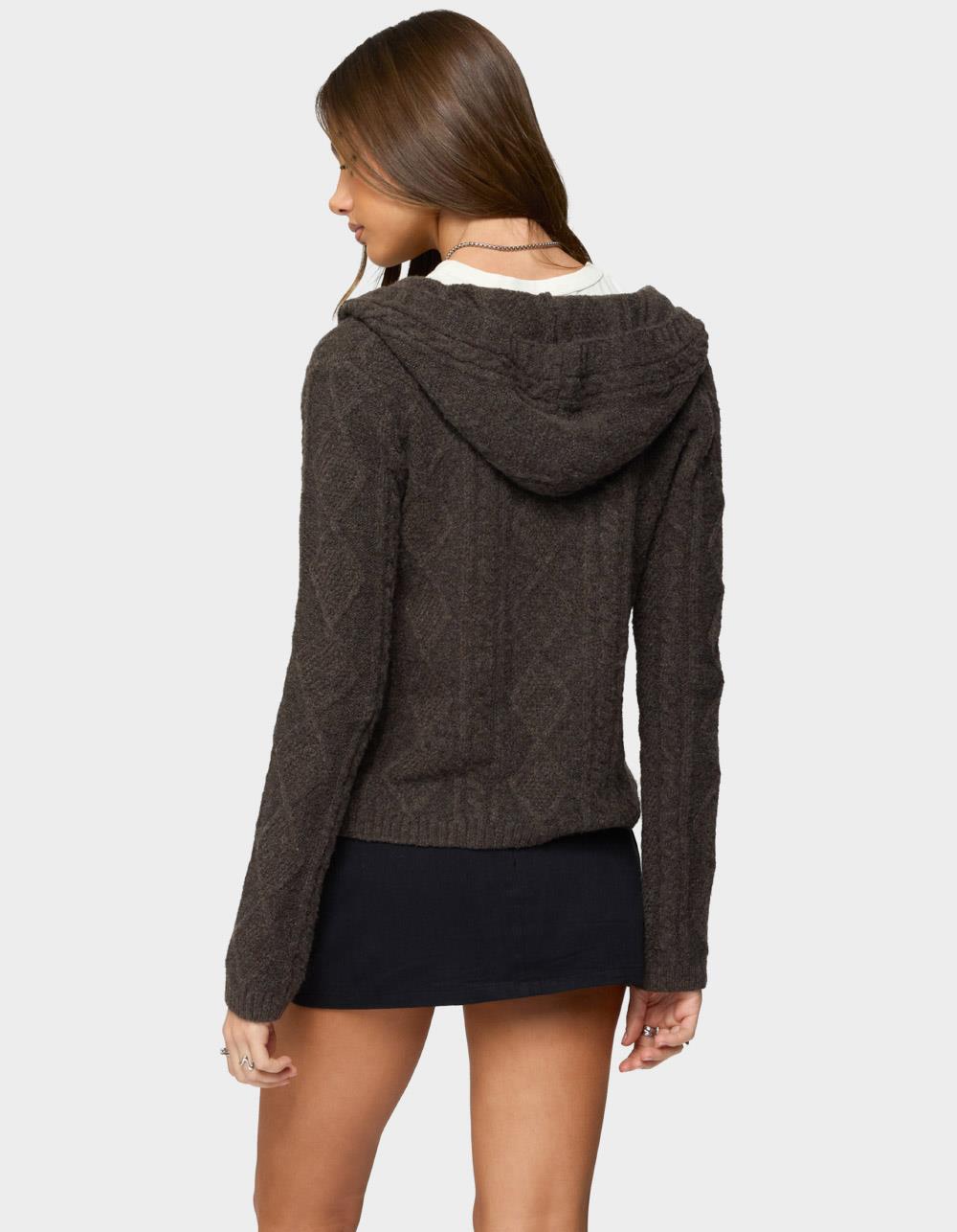 EDIKTED Jayla Hooded Cable Knit Cardigan - BROWN