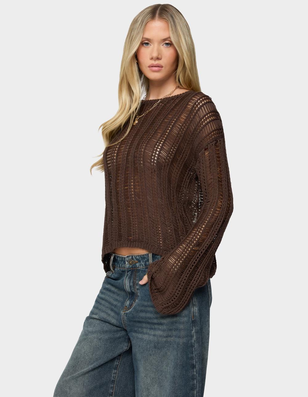 EDIKTED Jaide Sheer Ladder Knit Sweater - BROWN