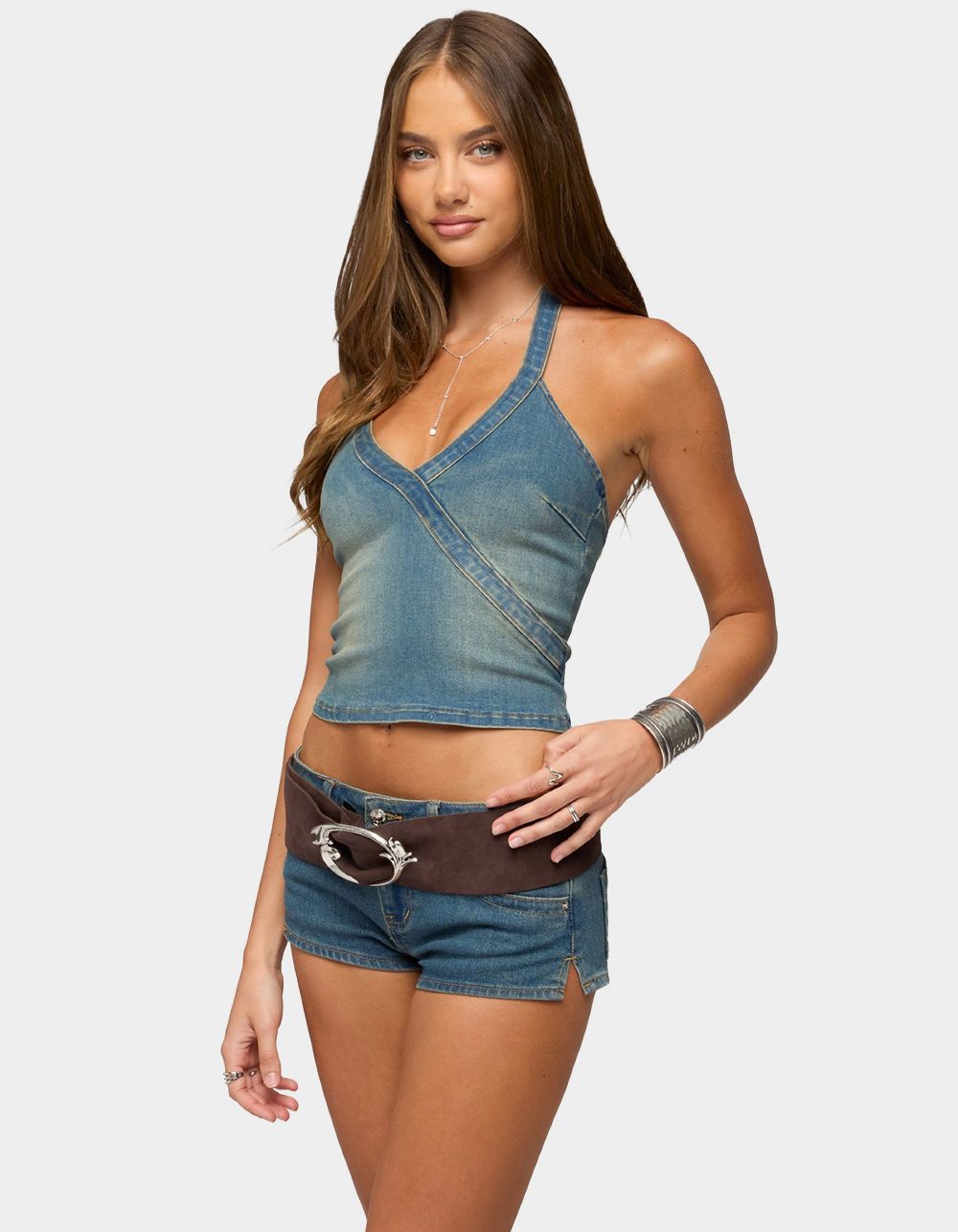 EDIKTED Cecie Denim Halter Top - LIGHT BLUE