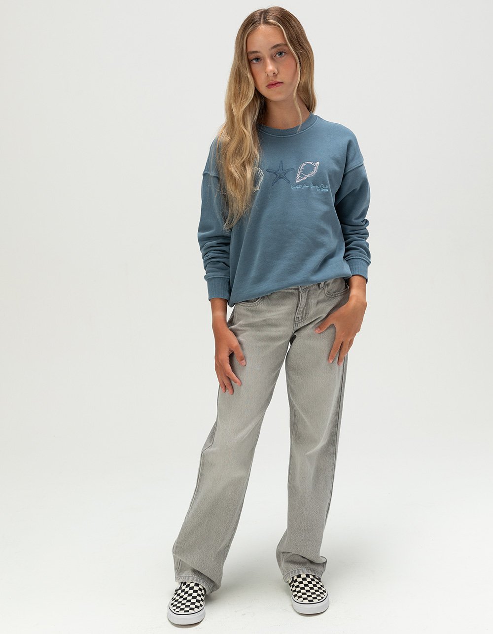 FULL TILT Embroidered Shell Girls Crewneck Boyfriend Sweatshirt - BLUE