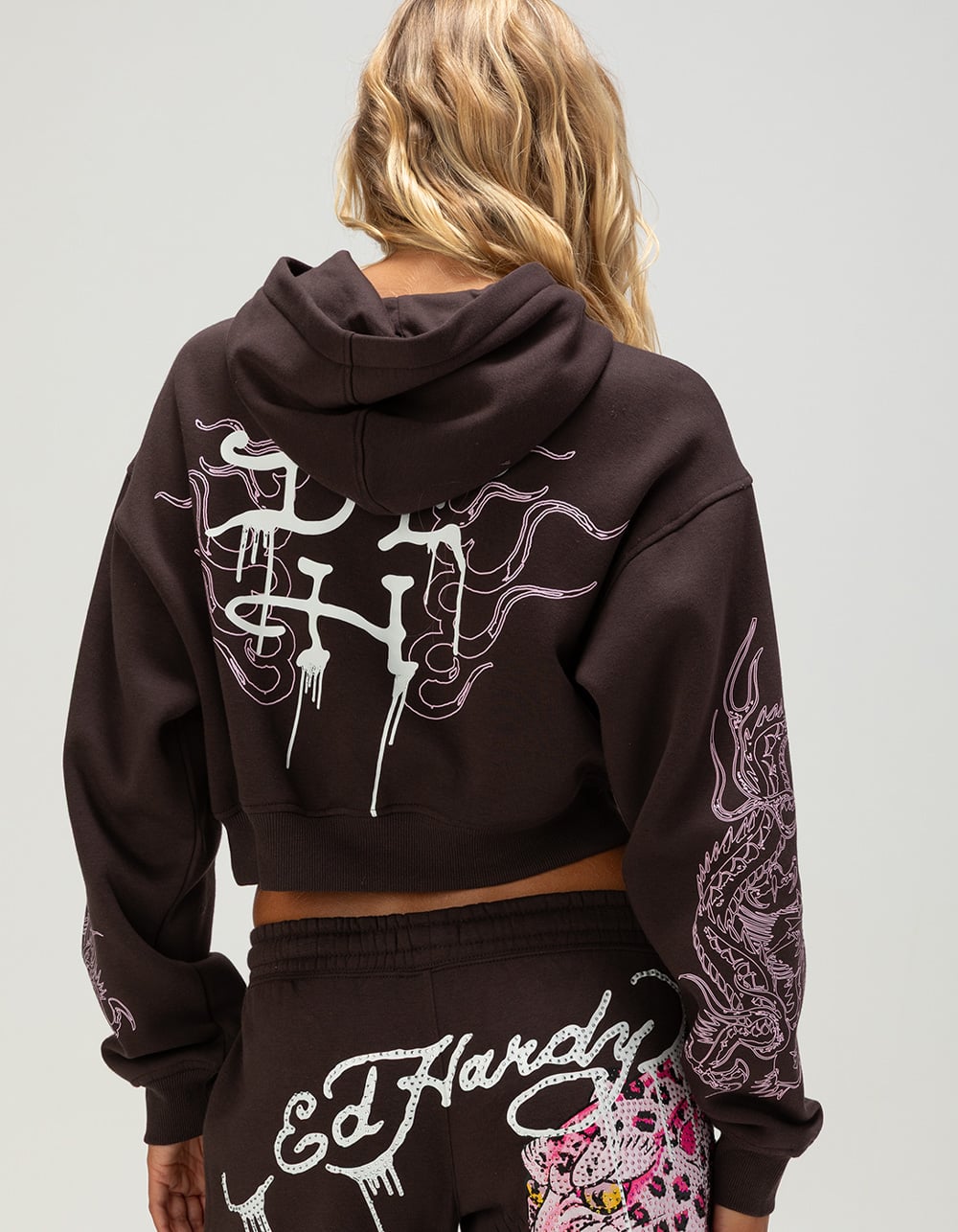 ED HARDY Pink Leopard Womens Crop Hoodie - BROWN