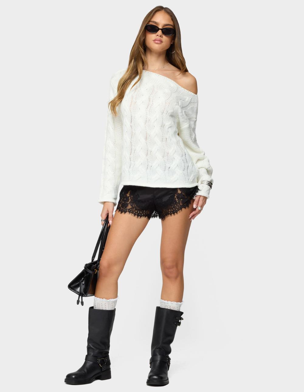 EDIKTED Nellie Off Shoulder Cable Knit Sweater