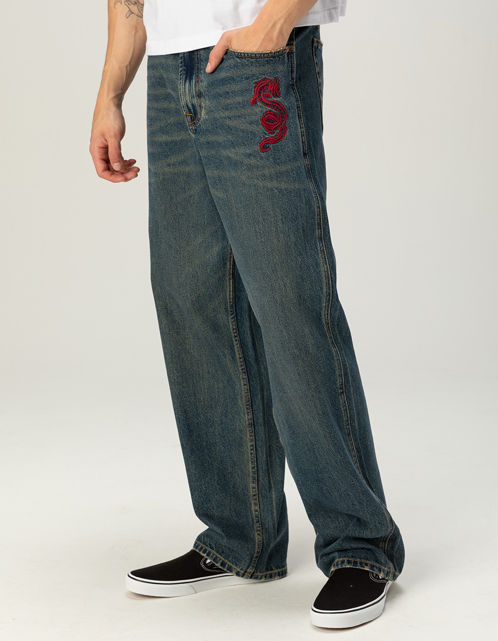 RSQ Mens Embroidered Dragon Baggy Jeans - DARK OIL