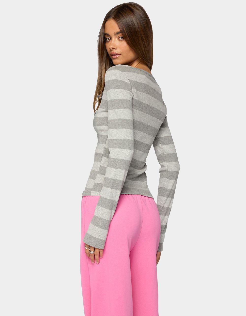 EDIKTED Dea Striped Long Sleeve Henley Tee - GRAY