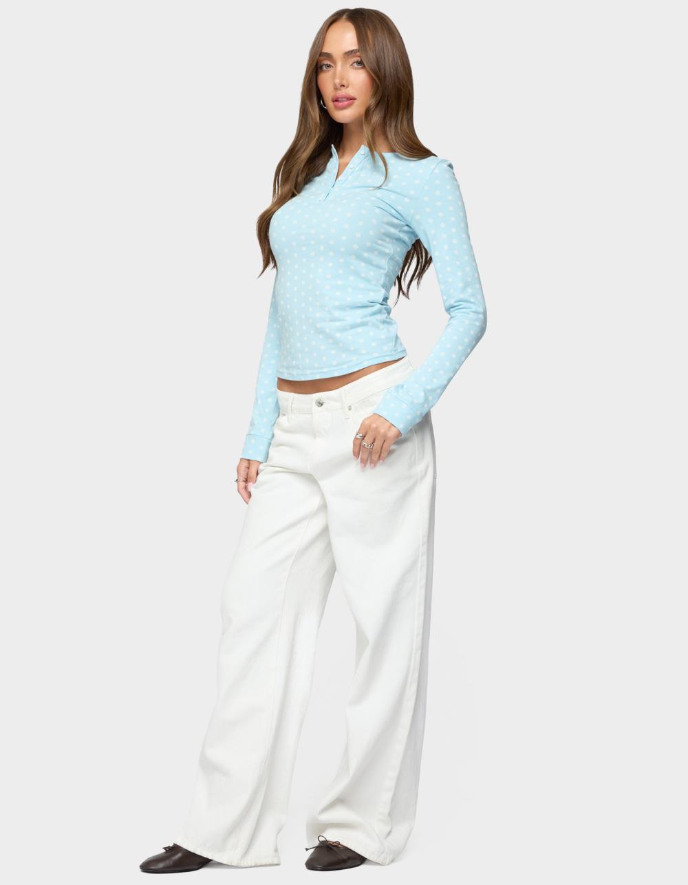 EDIKTED Keana Polka Dot Henley Top - LIGHT BLUE