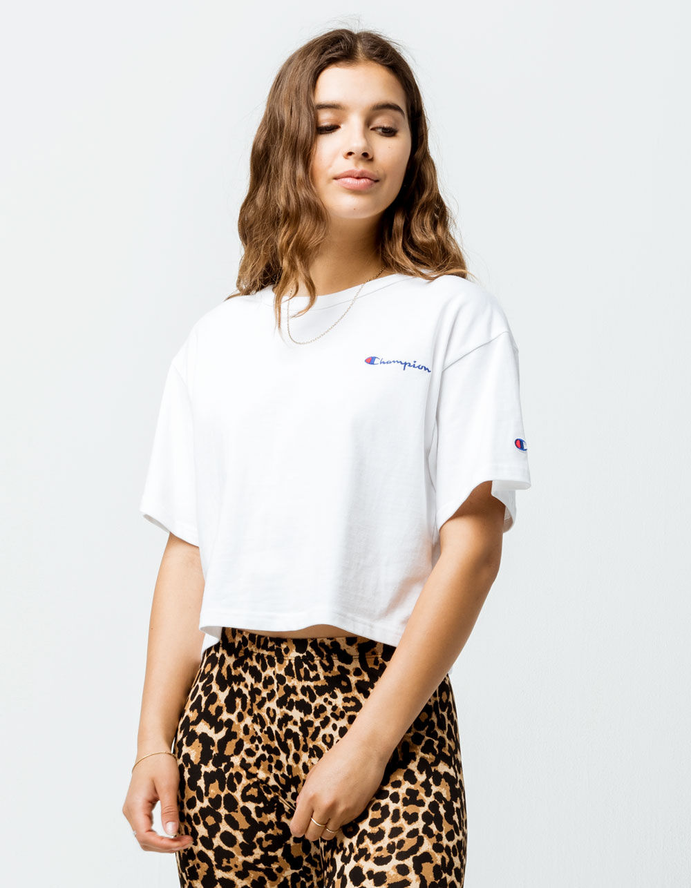 CHAMPION Embroidered Script Logo White Womens Crop Tee - WHITE | Tillys