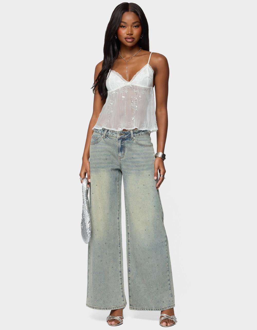 EDIKTED Sequin Sheer Mesh Babydoll Top - WHITE