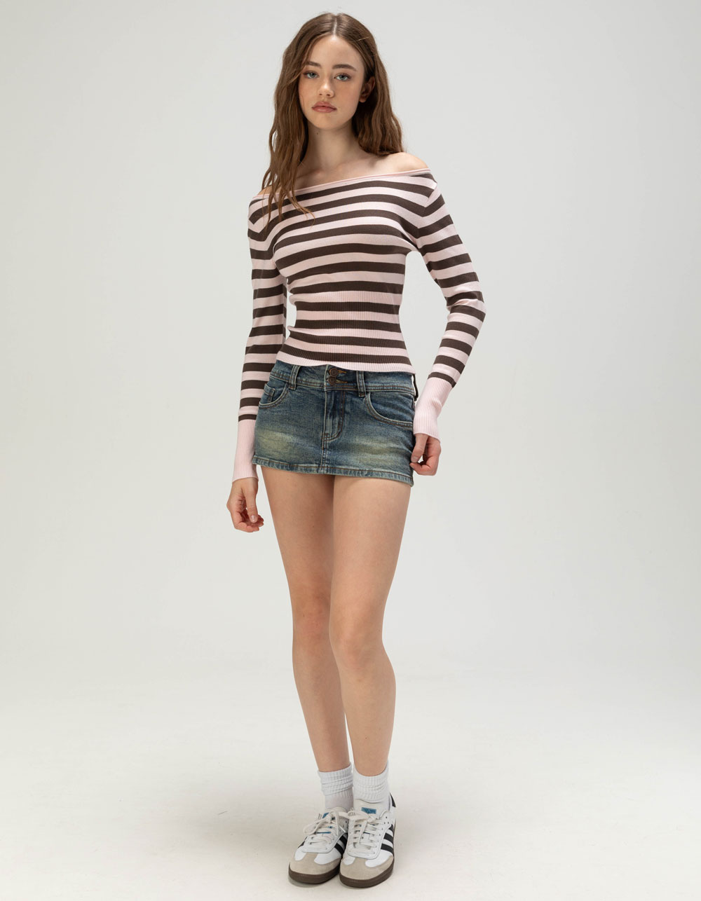 RSQ Womens Off The Shoulder Stripe Sweater - PINK/BROWN