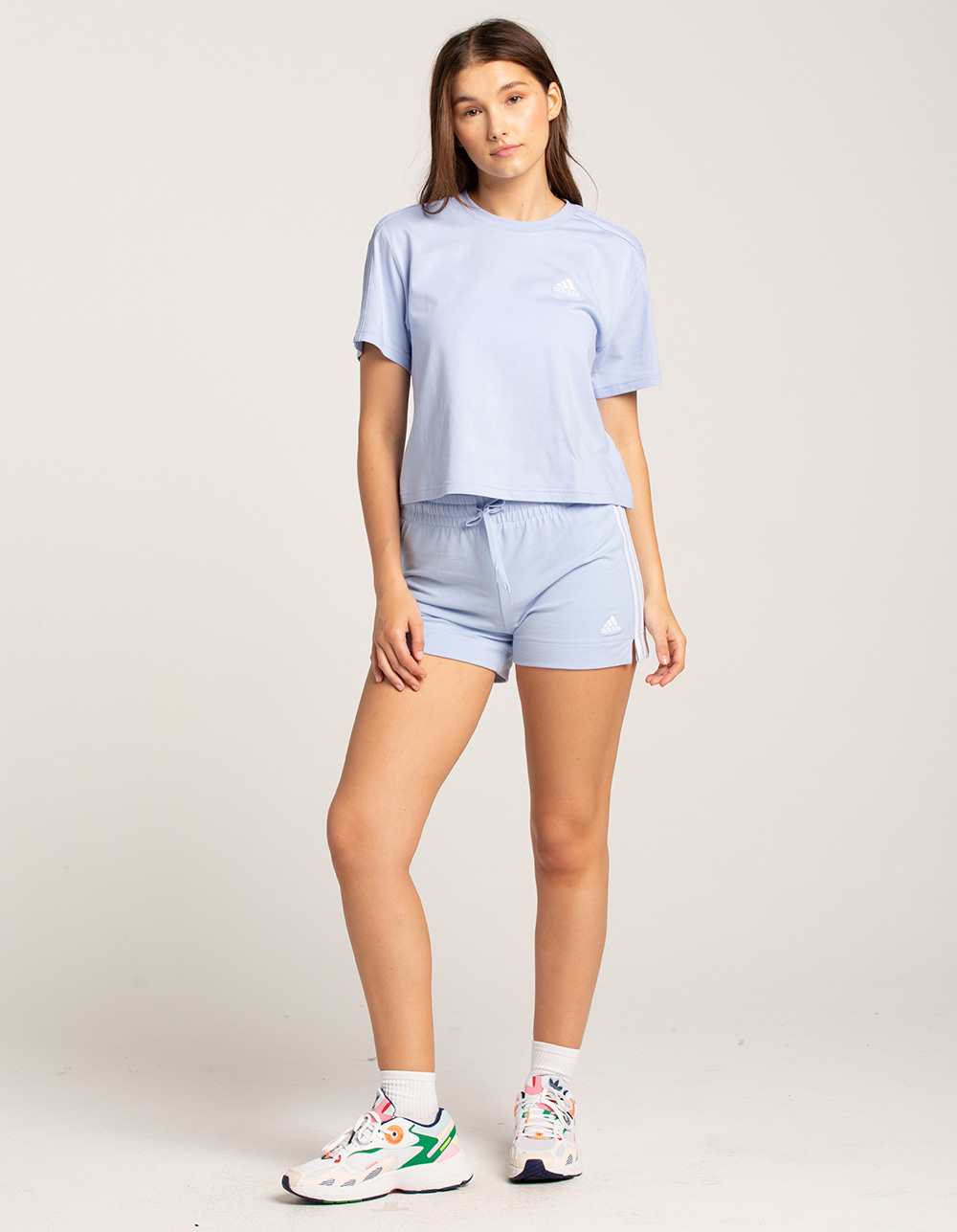 ADIDAS 3 Stripe Essential Womens Shorts - LIGHT BLUE | Tillys