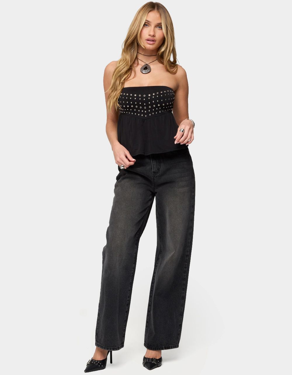 EDIKTED Alease Stud & Grommet Strapless Top - BLACK