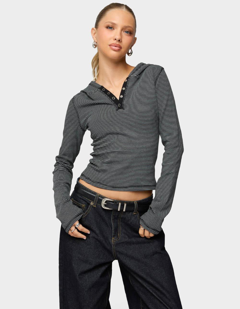 EDIKTED Damson Striped Hooded Henley Top - BLACK