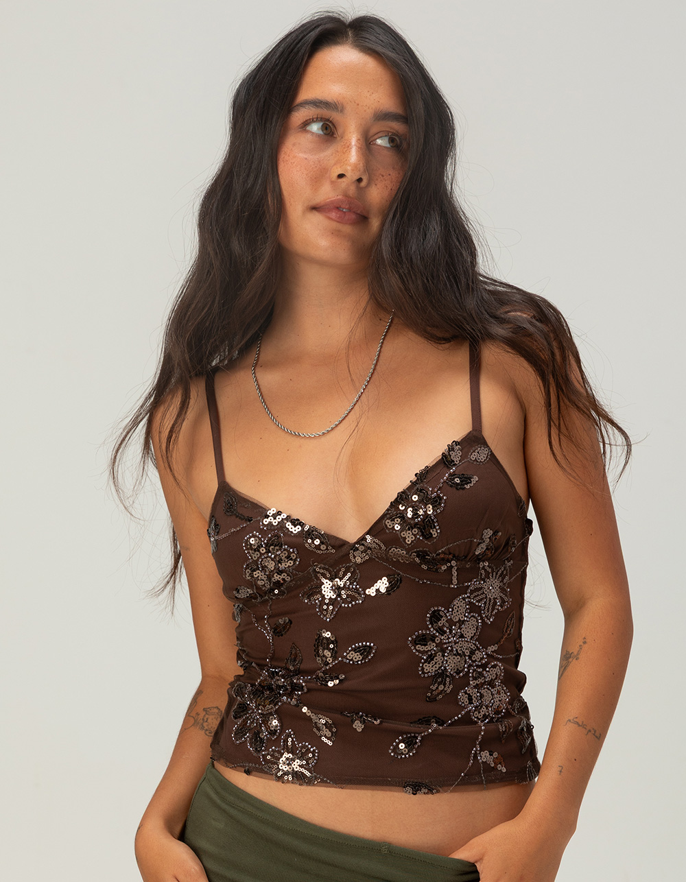 JUST POLLY Womens Sparkle Cami - BROWN