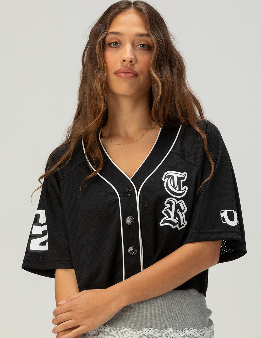 TRUE RELIGION Satin Patch Womens Crop Mesh Jersey - BLACK