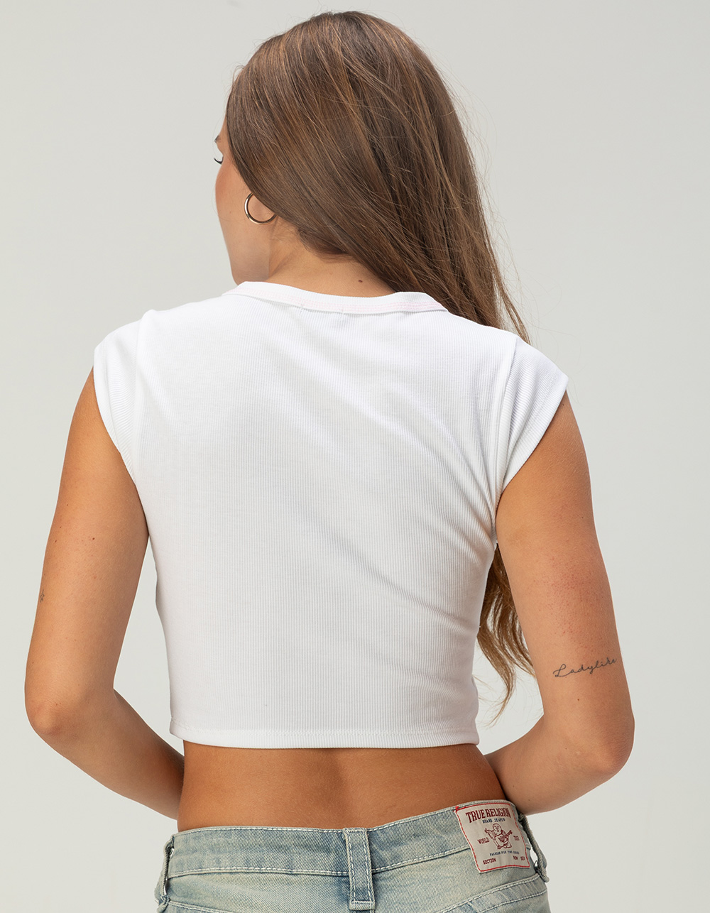 TRUE RELIGION Buddha V-Notch Womens Baby Tee - WHITE