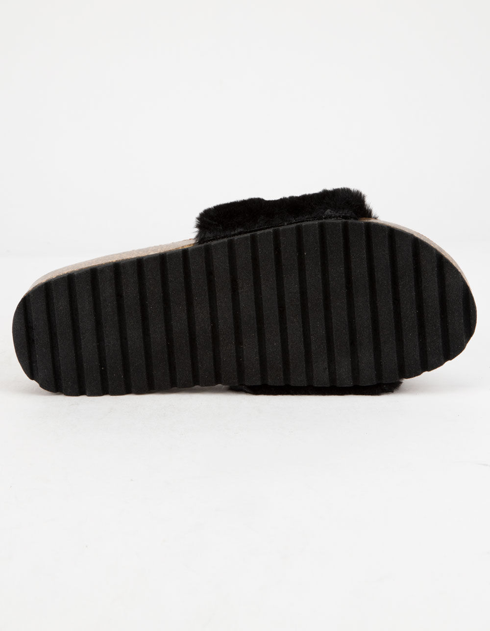 QUPID Faux Fur Cork Black Womens Slide Sandals image number 4