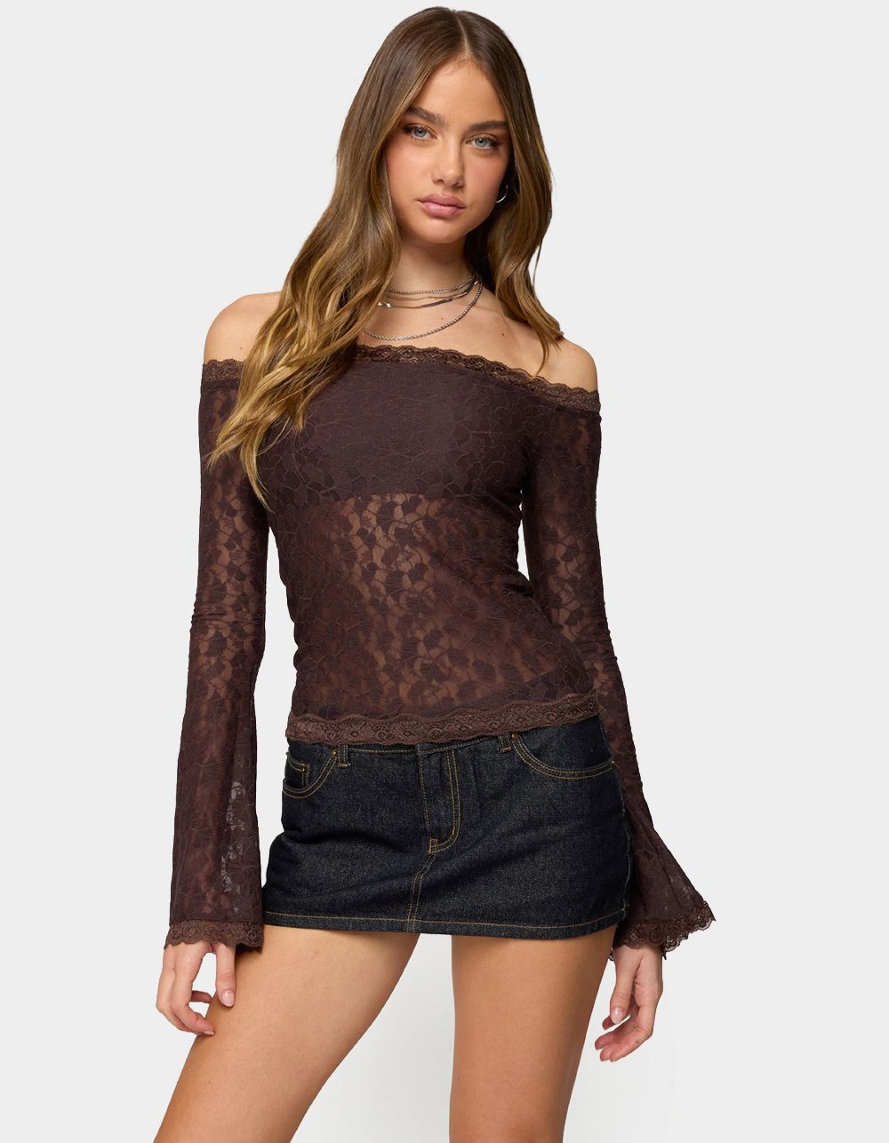EDIKTED Built Bra Off Shoulder Lace Top - BROWN