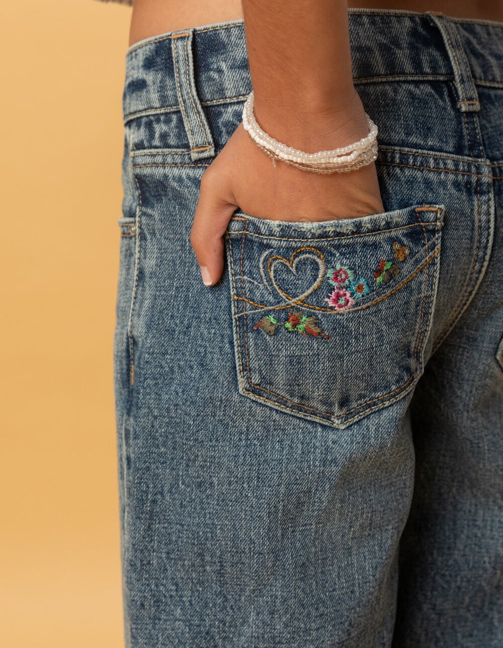 RSQ Girls Low Rise Embroidered Pocket Wide Leg Jeans - Dark Wash