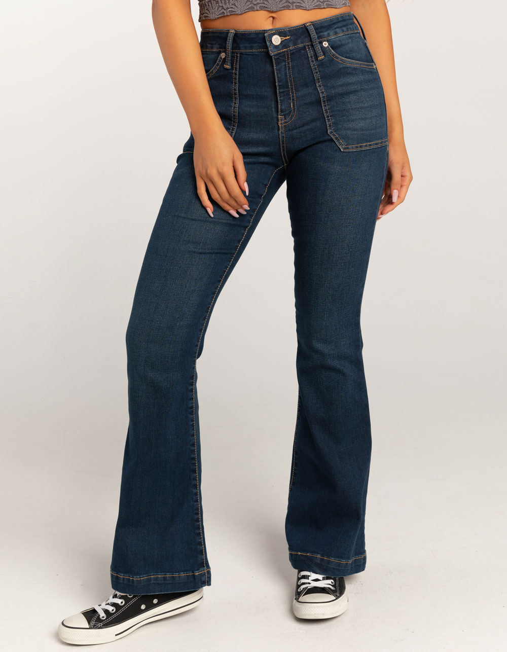 RSQ Womens Mid Rise Porkchop Pocket Flare Jeans - Dark Wash | Tillys
