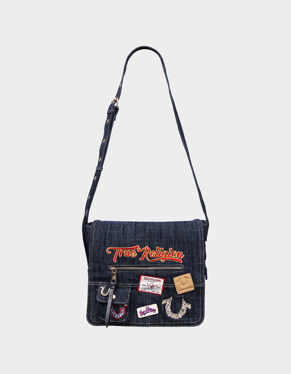 TRUE RELIGION Multi Patch Denim Messenger Bag - DK DENIM