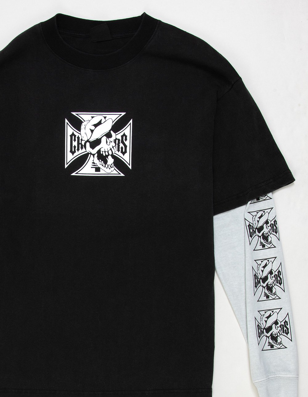 WEST COAST CHOPPERS Skeleton Moto Mens Long Sleeve 2fer Tee - WASHED BLACK