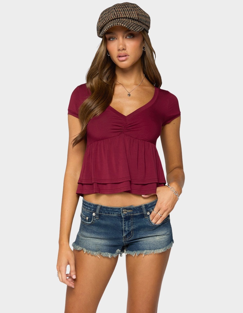 EDIKTED Fontene Layered Babydoll Top - DK RED